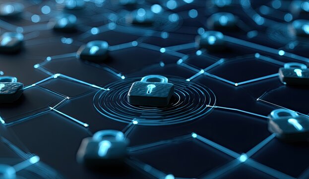 Glowing digital locks form a secure, interconnected network