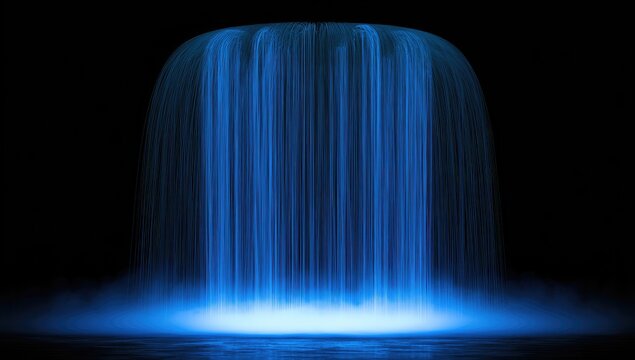 Luminous blue water cascades into a misty dark pool, creating an ethereal glow