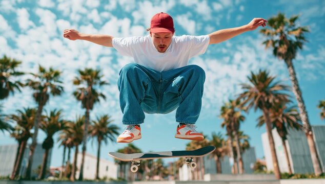 Skateboarder performing an extreme jump trick while skateboarding in sunny weather