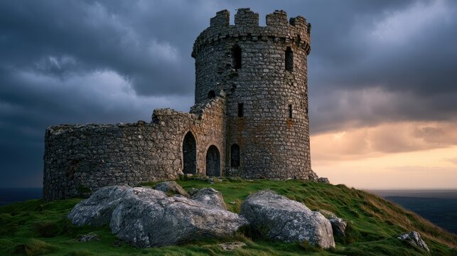 Ancient stone tower atop grassy hill, dramatic sky