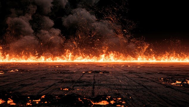 Fiery horizon with billowing smoke and glowing embers on textured ground