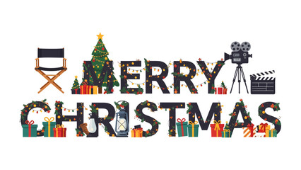 Naklejka premium Merry Christmas Film Production: A festive graphic featuring Merry Christmas text embellished with Christmas lights, ornaments, and film production elements like a director's chair, vintage camera.