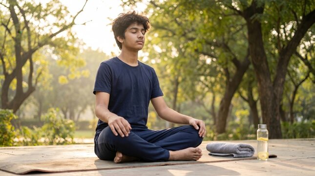 Teenage boy meditating outdoors for International Self Care Day