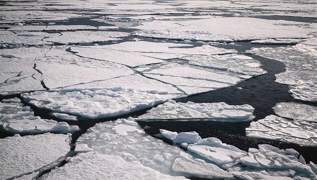 Aerial fly over view of cracked ice floes floating in the sea. Large densely dispersed pieces. Contrast between cracked and solid ice.
