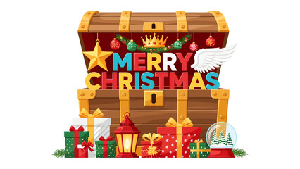 Christmas Treasure Chest Overflowing: A richly decorated treasure chest opens to reveal a Merry Christmas message, surrounded by festive gifts, a glowing lantern, and holiday ornaments.