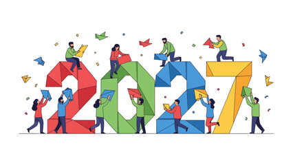 Naklejka premium Building the Future 2027: A group of diverse individuals collaboratively construct the numbers '2027', symbolizing a shared vision and collective effort towards future goals and aspirations.