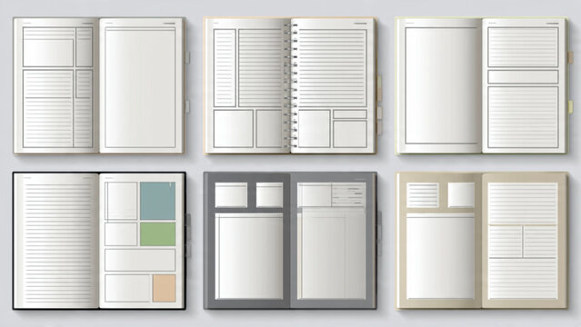 Open notebooks and planners with various layouts and designs on a neutral background for stationary and organization themes