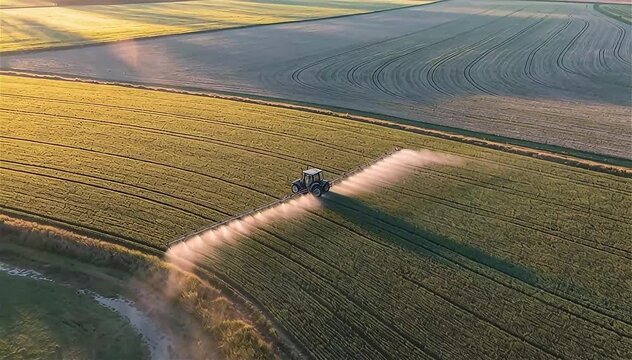 Aerial view of farming tractor spraying on field with sprayer, herbicides and pesticides at sunset. Farm machinery spraying insecticide to the green field, agricultural natural seasonal spring works.
