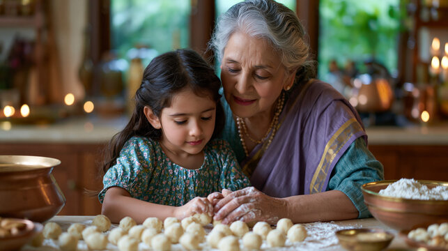 Diwali sweet preparation in a home kitchen with a grandmother and granddaughter rolling and shaping ladoo together on a floured counter, both with powdered hands and identical focused expressions de