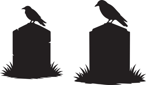 Black crow perched on a gravestone silhouette Vector