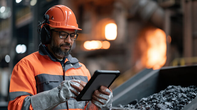 Steelworker reviewing hydrogen direct reduction ironmaking process data on ruggedized tablet at plant floor level, direct reduced iron pellets visible in hopper beside him, hard hat and heat resista