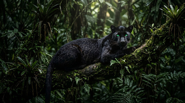 there is a black leopard sitting on a tree branch in the jungle