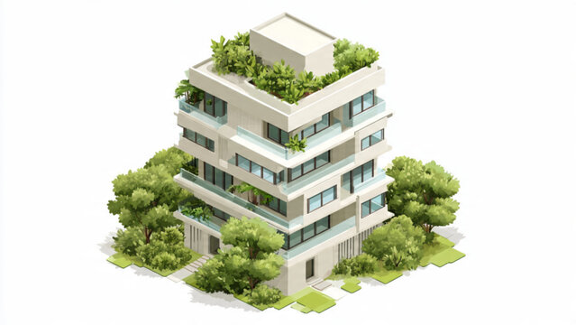 Modern multi-story residential building with greenery and glass balconies in a vibrant urban setting