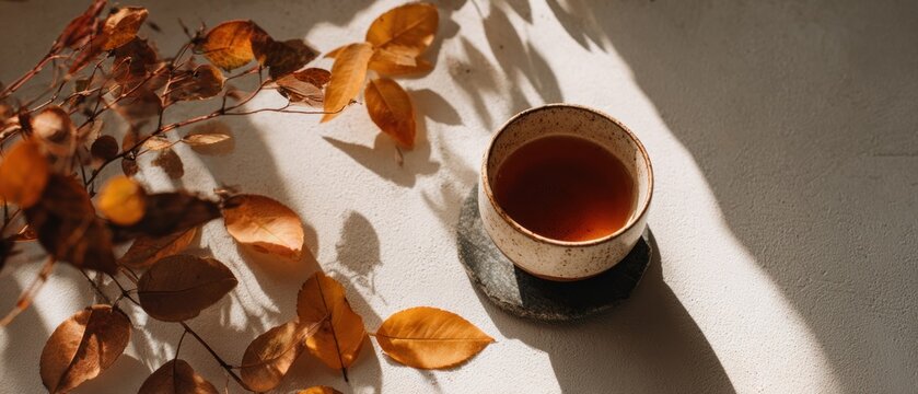 Autumn tea cup with dry leaves