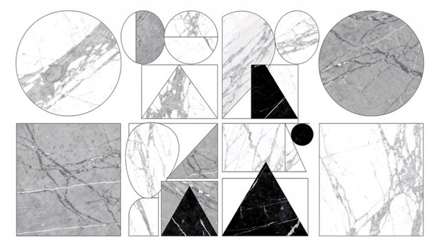 Abstract geometric marble pattern in black white and gray with circular and triangular shapes for modern decor