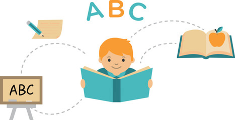 Cute cartoon boy reading a book surrounded by school elements like blackboard pencil alphabet and apple vector illustration concept for childhood literacy education © Sumaiya Akter Sweety