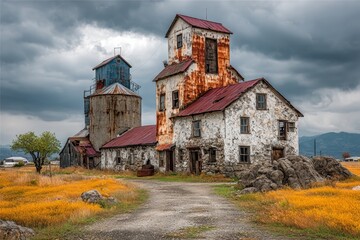Naklejka premium Abandoned stone church with weathered towers under stormy sky in rural landscape