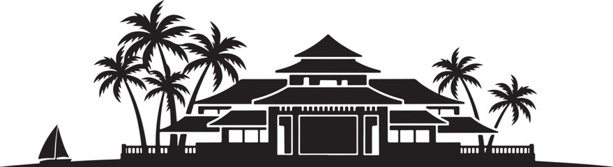 Obraz premium Tropical house with palm trees and sailboat, black silhouette
