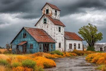 Fototapeta premium Abandoned Grain Elevator Building in Rural Landscape Under Dramatic Sky
