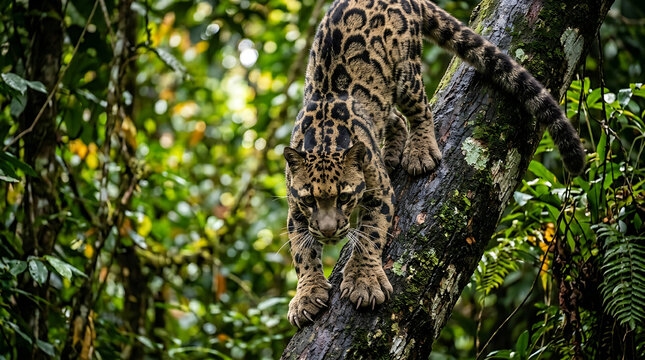 this is an image of a leopard climbing a tree in the jungle