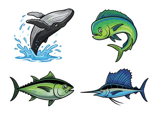 Fototapeta premium Collection of four stylized fish illustrations featuring a breaching humpback whale, mahi mahi, yellowfin tuna and sailfish