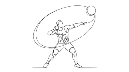 Fototapeta premium Continuous line drawing of a male athlete throwing a shot put during a competition.