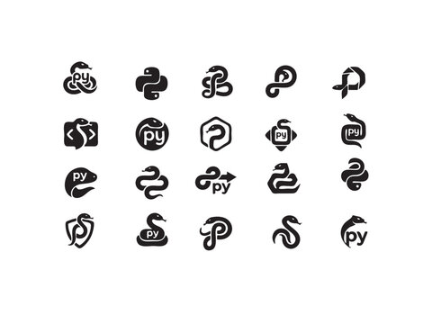 Collection of Python programming language logo concepts and snake icons