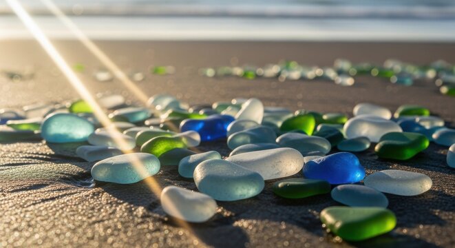 Colorful sea glass smoothed by ocean waves on sandy beach