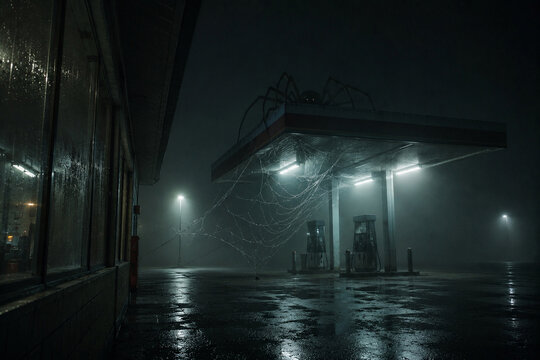 Giant spider looming above an abandoned gas station at night