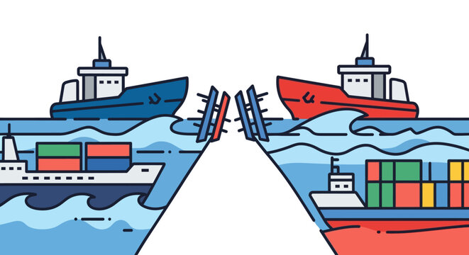 Illustration of a U.S. blockade of the Strait of Hormuz disrupting shipping routes with two large cargo ships and rising crude oil prices causing global business crisis