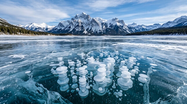 there are many bubbles floating on the water in the middle of the lake