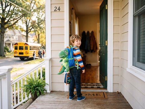 Ready for Adventure: A young boy, backpack adorned with a dinosaur motif, stands on a porch, eagerly awaiting his school bus, signaling the start of a new day of learning and exploration.