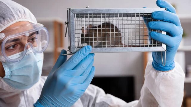 A scientist in protective gear examines a lab mouse in a small metal cage for research purposes.