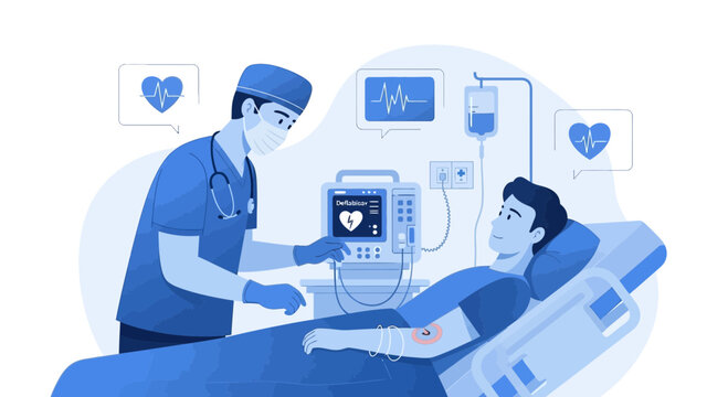 Medical Professional Attends to Patient During Examination in Illustrated Hospital Room Setting