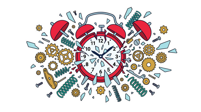 Exploding alarm clock with mechanical gears and glass shards in flat vector for time management coaching