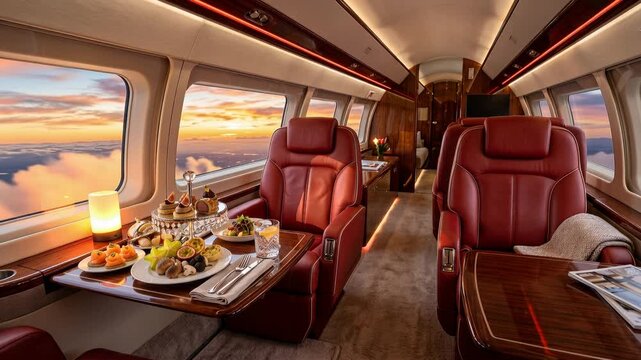Luxury private jet interior featuring plush red leather seats, premium cabin atmosphere, exclusive air travel, comfort and executive lifestyle concept, 4K video