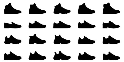 Fototapeta premium Sneakers in Various Styles and Designs Shown as Black Silhouettes on a White Background Featuring Athletic Shoes, Casual Footwear, Running Shoes