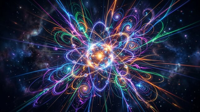 Abstract atomic structure with vibrant energy trails in space