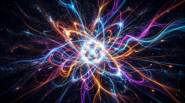 Abstract atom nucleus with colorful energy streams on black background
