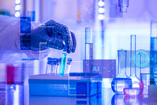 AI-powered pharmaceutical and medical analysis concept with gloved lab hands working with chemical samples and glassware, digital data interface in clinic lab.