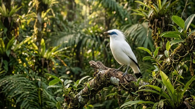 White Bali Myna bird perched on mossy branch in lush jungle