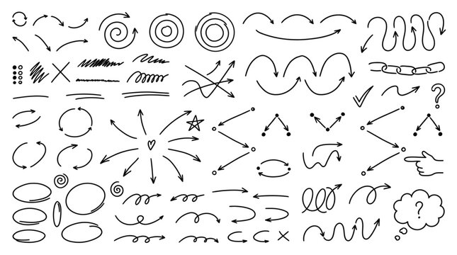 Various abstract shapes and symbols are illustrated on a white background.