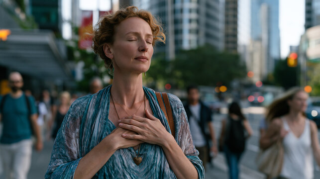 Adult woman in her forties pausing mid-commute on a busy downtown sidewalk, hand pressed to chest, eyes briefly closed, pedestrians blurring past her, skyscrapers overhead, a private stillness inter