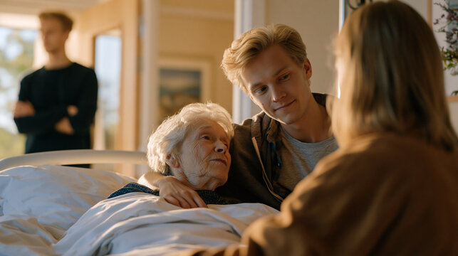 Adult siblings around a hospital bedside during a parent's dementia diagnosis, one sibling comforting the patient while another stands apart arms crossed in a doorway, the divergent grief responses 
