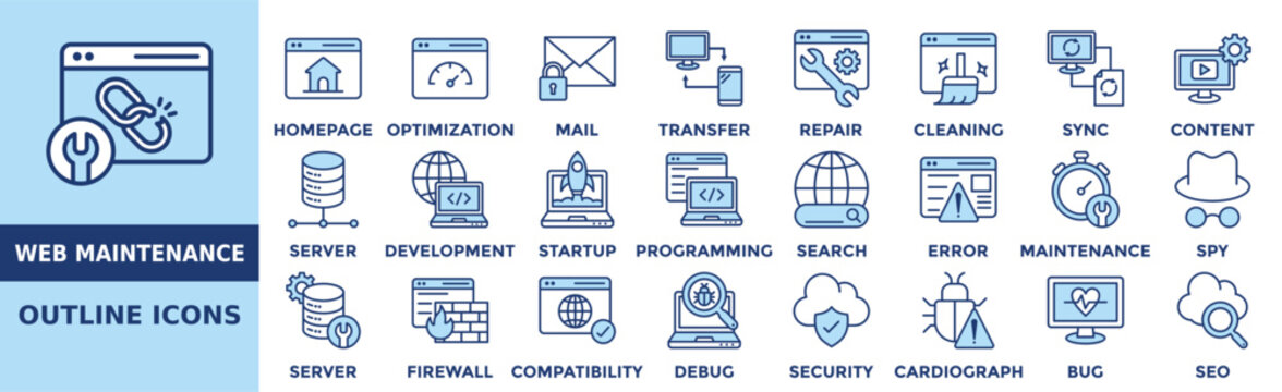 Web maintenance icon set. Containing homepage, optimization, mail, transfer, repair, server, startup and more. Outline vector icons collection