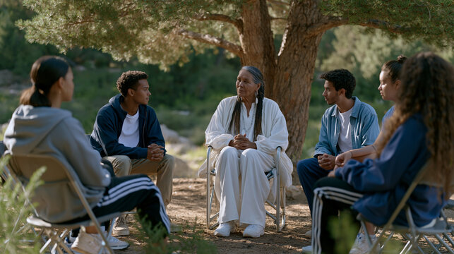 Elder community member facilitating an outdoor talking circle with five younger adults in a park clearing, folding chairs arranged in a circle, mature trees overhead, summer afternoon light, indigen