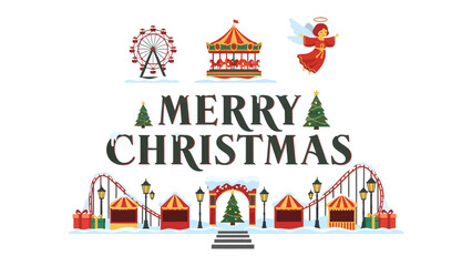 Naklejka premium Christmas Carnival Celebration: A festive Christmas carnival scene features a Ferris wheel, carousel, and roller coaster, surrounded by market stalls, holiday lights, and a charming angel.