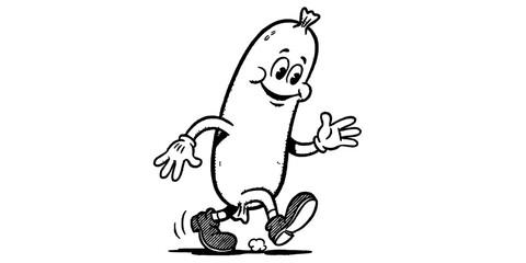 Fototapeta premium Rubber Hose Cartoon Character Running with a Happy Expression in Black and White Featuring Vintage, Illustration, Animated with Smiling and Arms