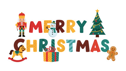 Fototapeta premium Festive Christmas Greeting: A cheerful and colorful banner proclaims Merry Christmas adorned with classic holiday icons like a nutcracker, snowman, Christmas tree, rocking horse, gift box.