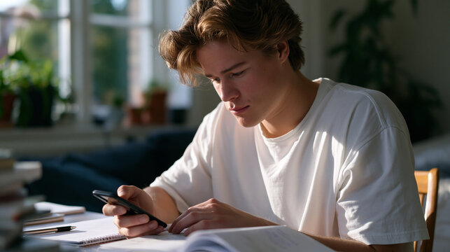 Young adult male in a modest apartment sitting at a secondhand desk using a mental health tracking app on his phone, pen and paper journal also open, afternoon light, deliberate daily routine sugges